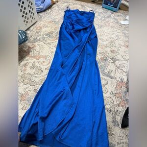 Emerald Sundae Royal Blue Satin Prom Dress Size L High Slit Formal Gown’s